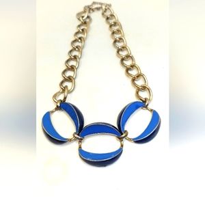 Two-Tone Blue Enamel Necklace Mid-Century Gold Tone Trim Statement Necklace